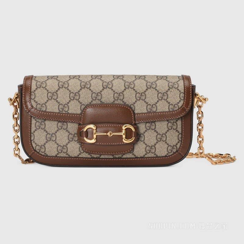 Gucci Horsebit 1955系列肩背包 米色和乌木色帆布