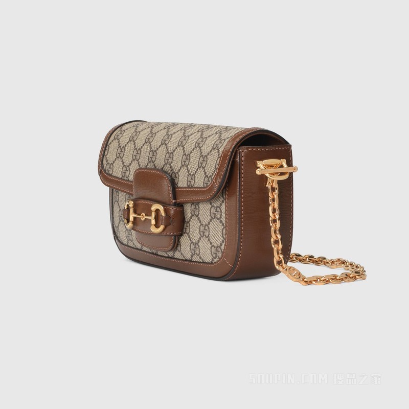 Gucci Horsebit 1955系列肩背包 米色和乌木色帆布