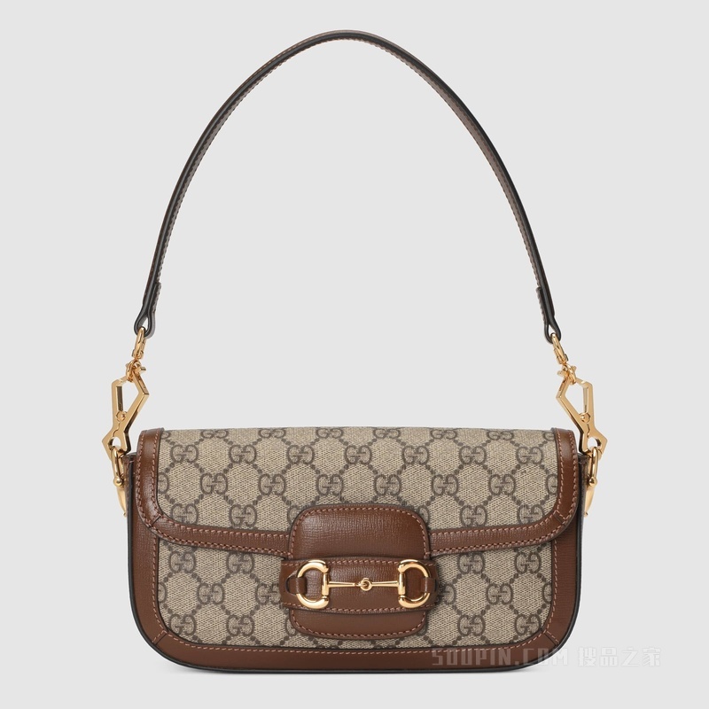 Gucci Horsebit 1955系列肩背包 米色和乌木色帆布