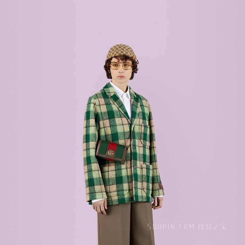 饰双G织带迷你手袋 绿色和红色帆布