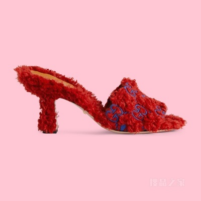 adidas x Gucci联名系列女士凉拖 红色羊毛皮效果织物