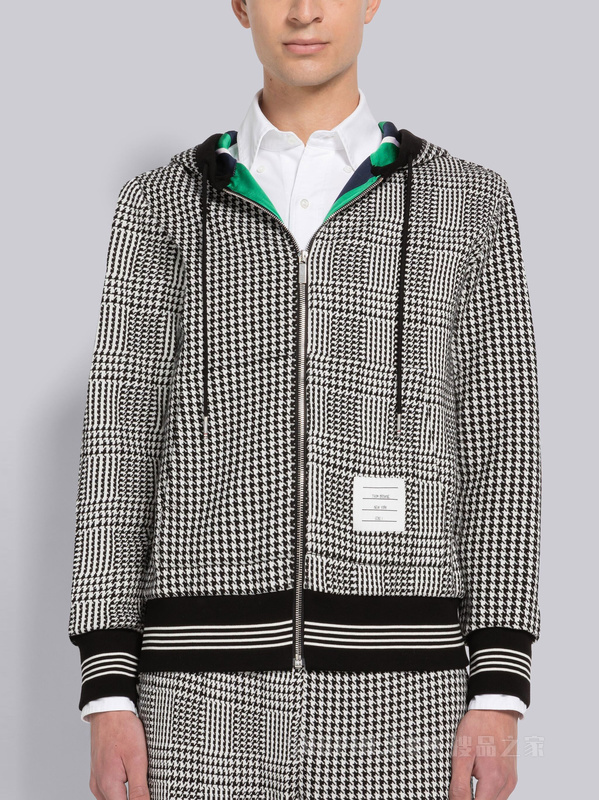 四条纹千鸟格纹棉质拉链连帽衫