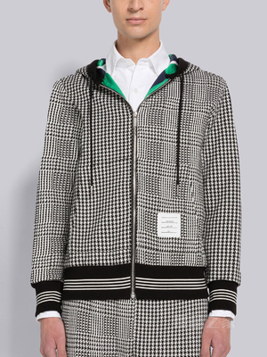 四条纹千鸟格纹棉质拉链连帽衫