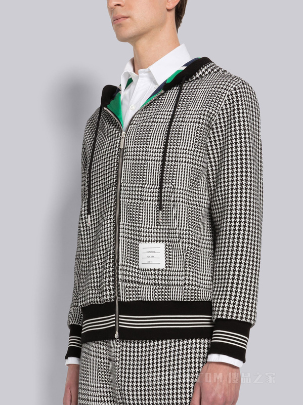 四条纹千鸟格纹棉质拉链连帽衫