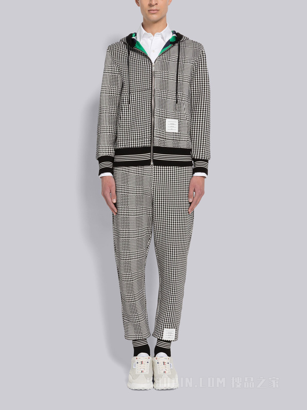 四条纹千鸟格纹棉质拉链连帽衫