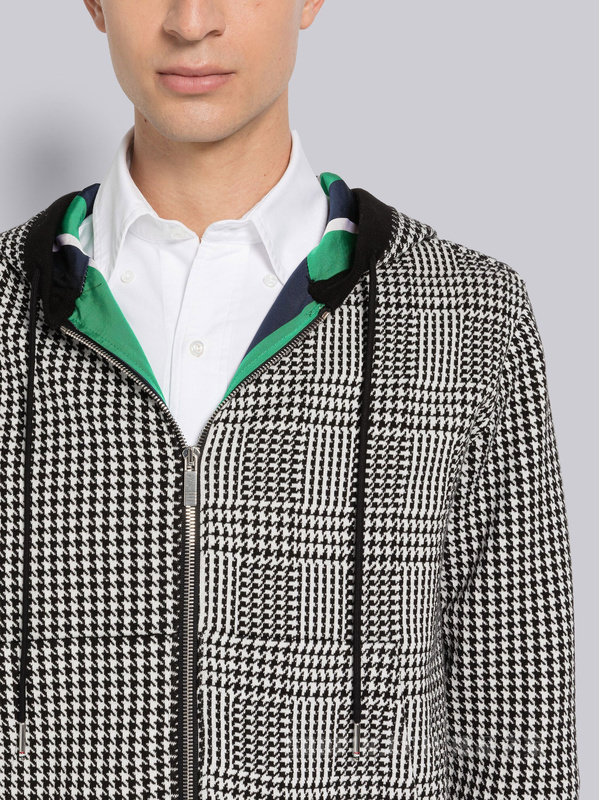 四条纹千鸟格纹棉质拉链连帽衫