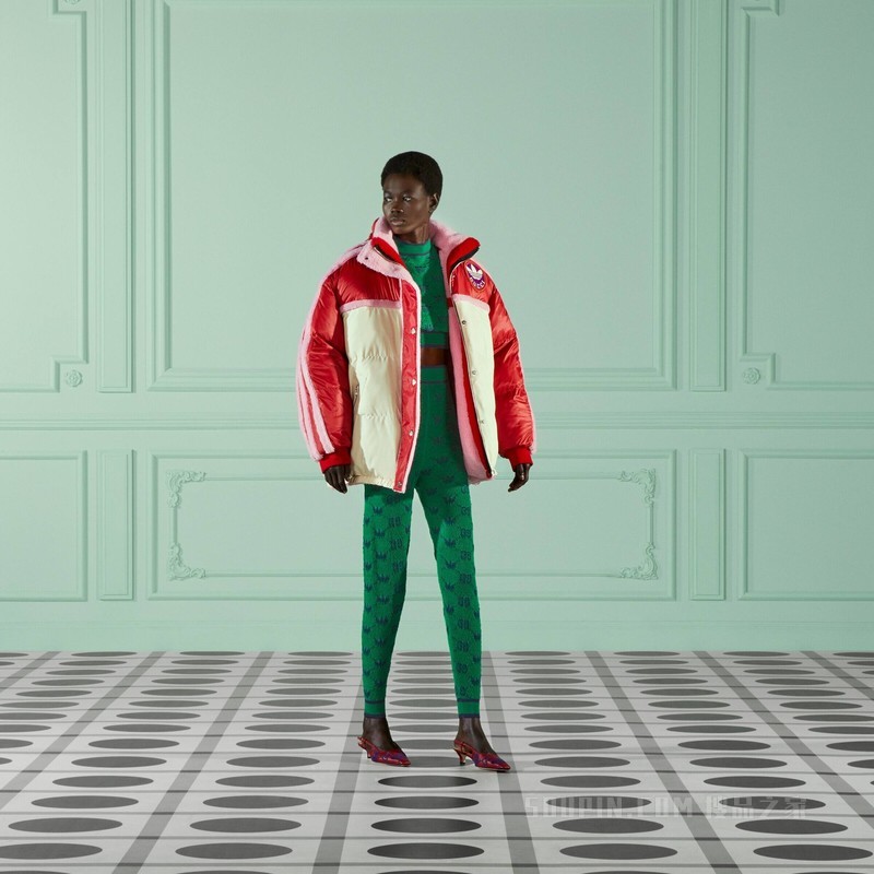 adidas x Gucci联名系列羊毛提花慢跑裤 绿色和蓝色