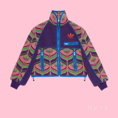 adidas x Gucci联名系列GG Trefoil羊毛飞行员夹克 紫色、粉色和蓝色