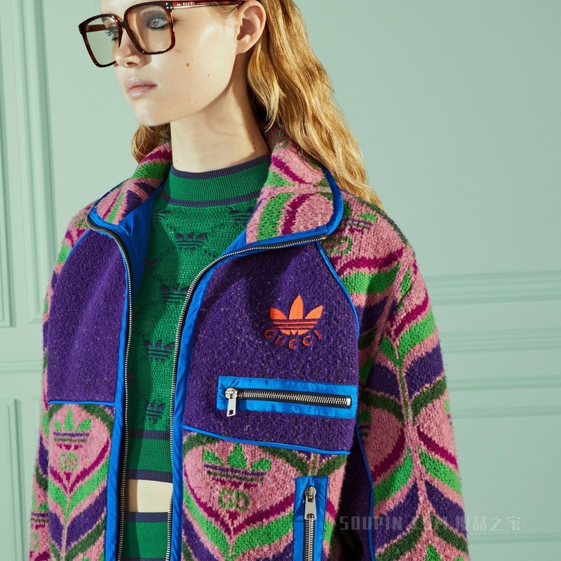 adidas x Gucci联名系列GG Trefoil羊毛飞行员夹克 紫色、粉色和蓝色