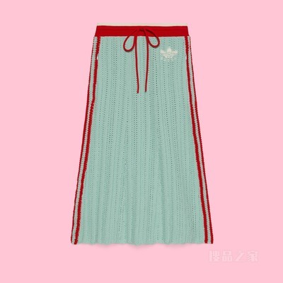 adidas x Gucci联名系列罗纹编织半身裙 浅蓝绿色和红色