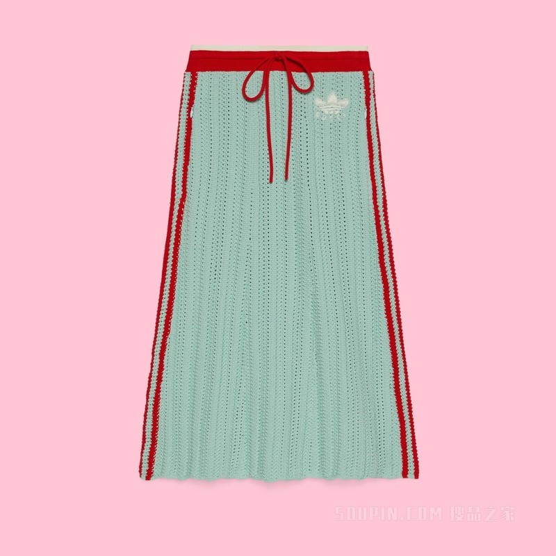 adidas x Gucci联名系列罗纹编织半身裙 浅蓝绿色和红色