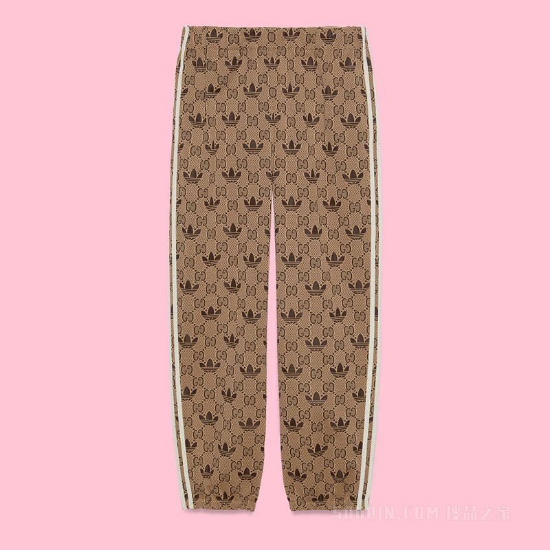 adidas x Gucci联名系列GG Trefoil提花运动长裤 米色和乌木色