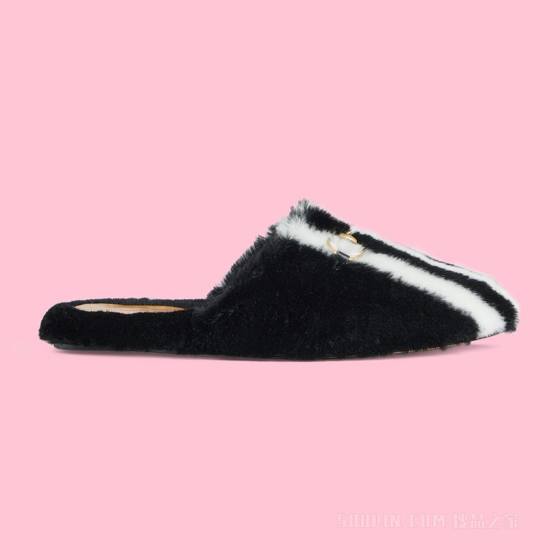 adidas x Gucci联名系列女士马衔扣拖鞋 黑色和白色织物
