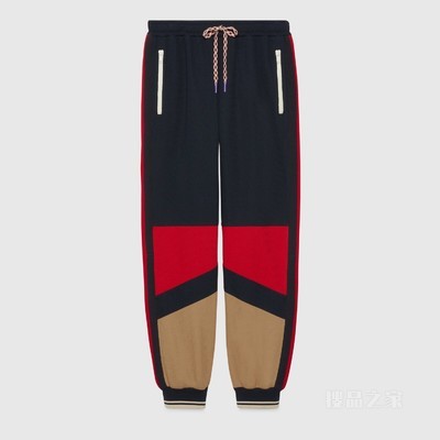 拼色针织棉慢跑长裤 蓝色、红色和驼色