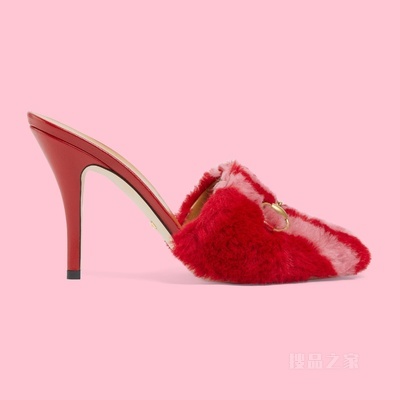 adidas x Gucci联名系列女士马衔扣高跟鞋 红色和粉色织物