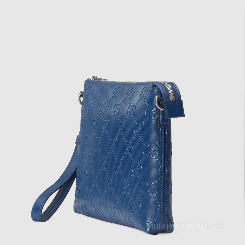 GG印花压纹中号邮差包 蓝色皮革