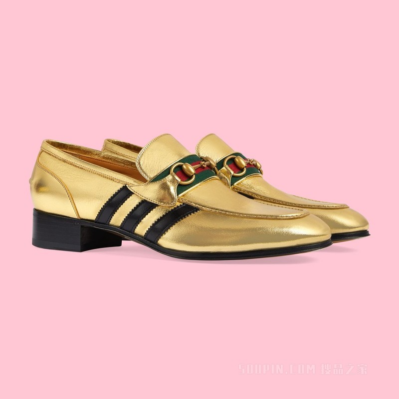 adidas x Gucci联名系列男士乐福鞋 金色金属质感皮革