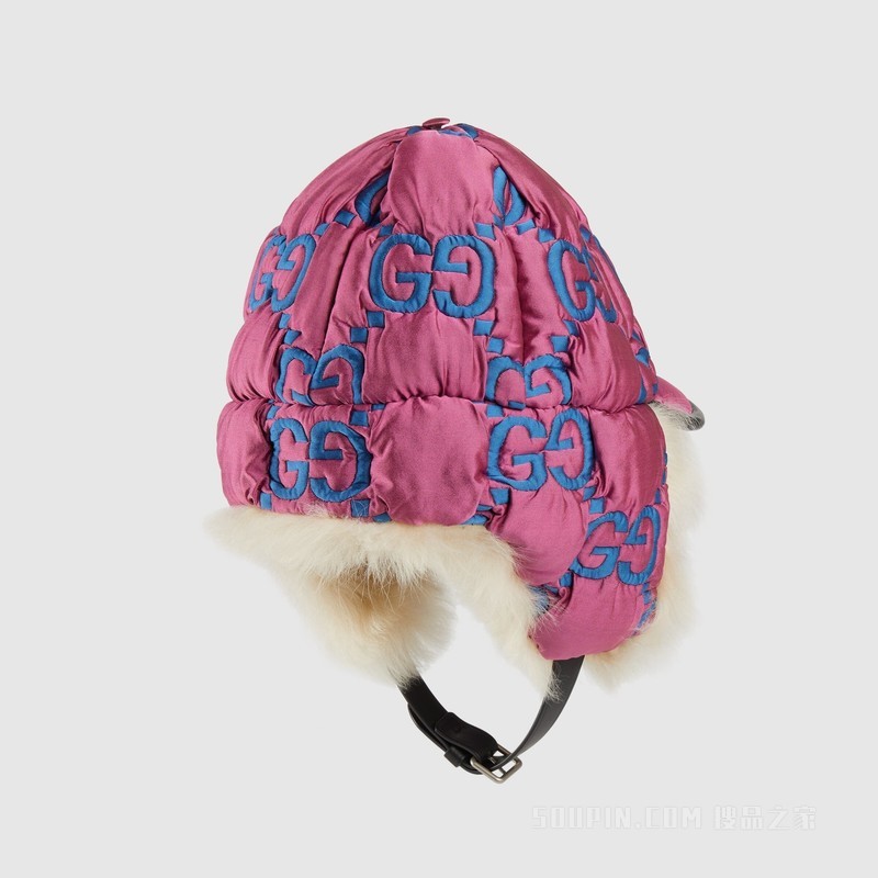 带耳罩绗缝GG尼龙帽子 粉色和浅蓝色