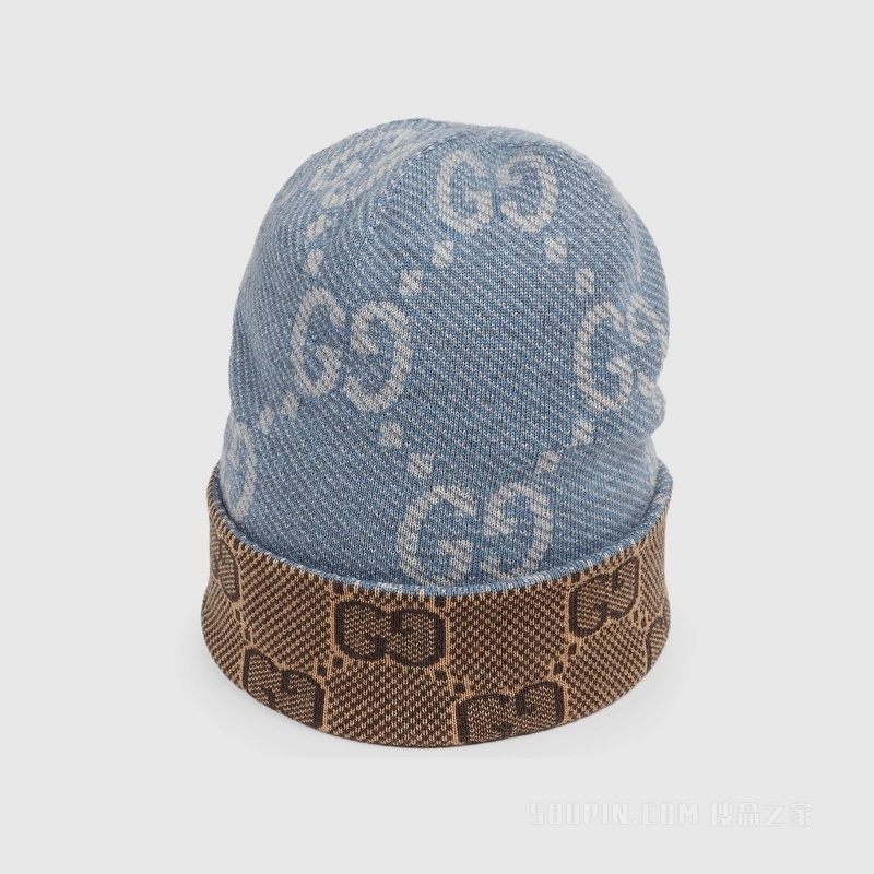 双面GG羊毛帽 海军蓝和棕色