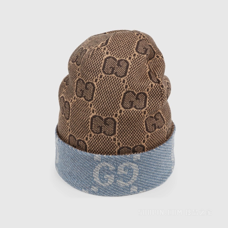 双面GG羊毛帽 海军蓝和棕色