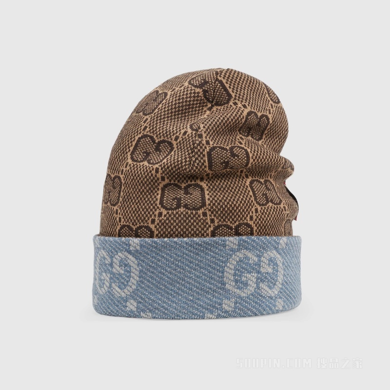 双面GG羊毛帽 海军蓝和棕色