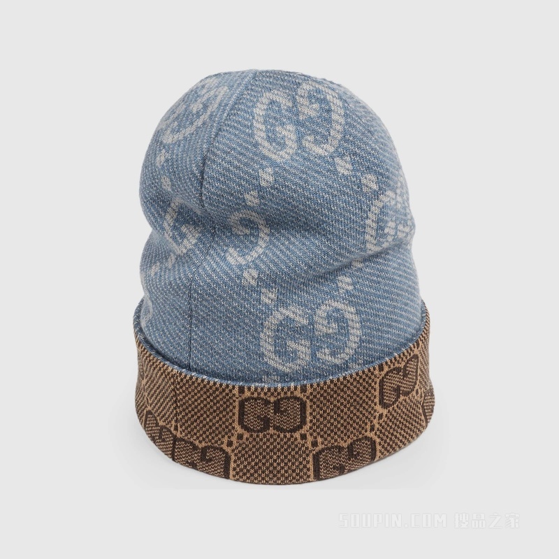 双面GG羊毛帽 海军蓝和棕色