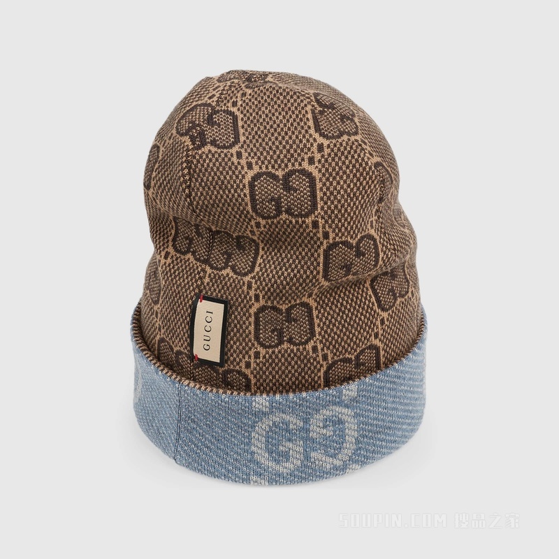 双面GG羊毛帽 海军蓝和棕色