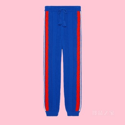 adidas x Gucci联名系列柔软羊毛罗纹长裤 蓝色