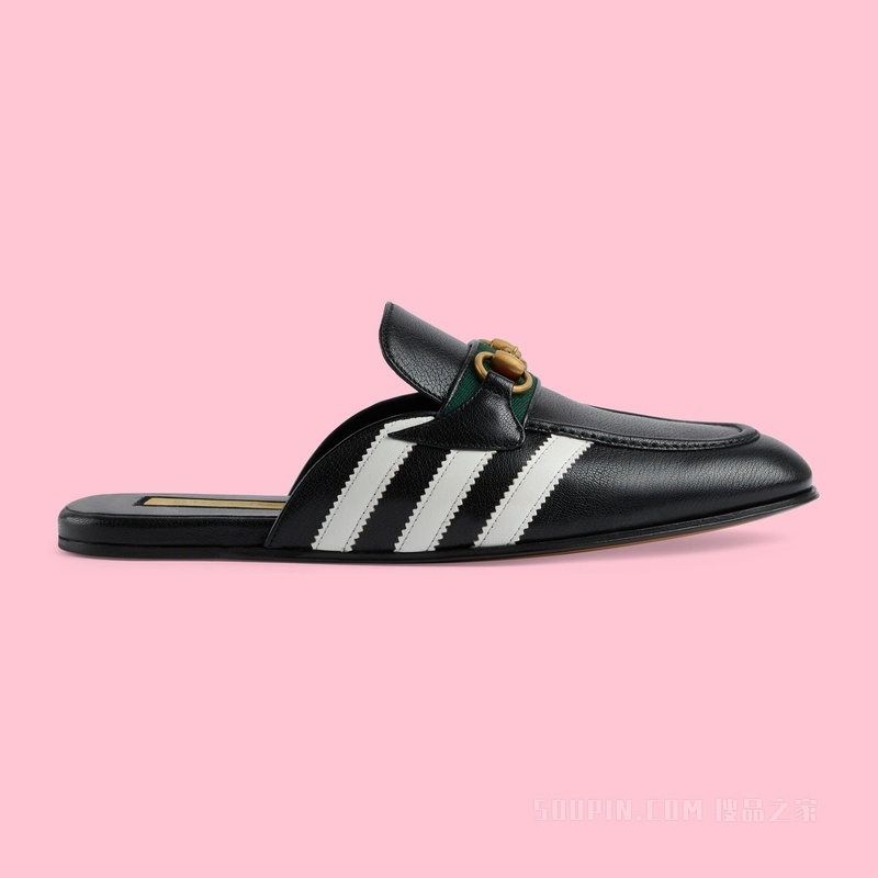 adidas x Gucci联名系列男士马衔扣拖鞋 黑色皮革