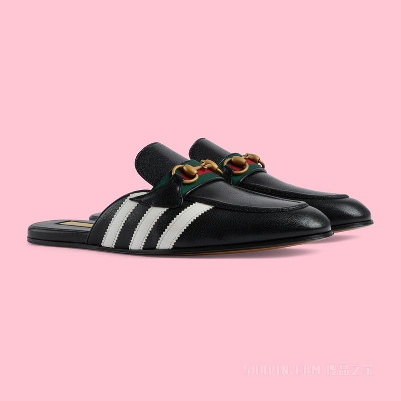 adidas x Gucci联名系列男士马衔扣拖鞋 黑色皮革