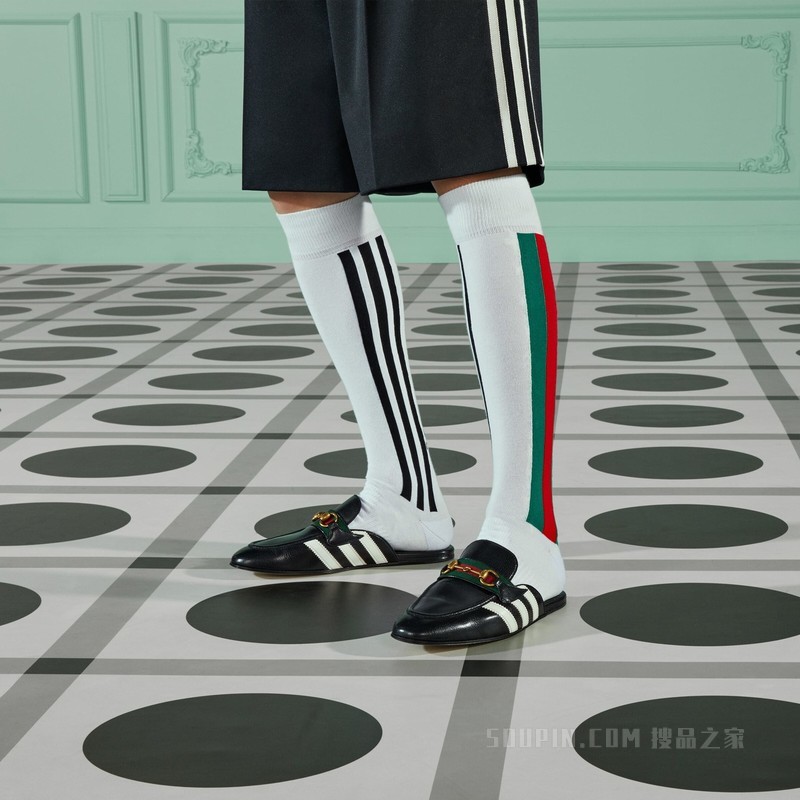 adidas x Gucci联名系列男士马衔扣拖鞋 黑色皮革