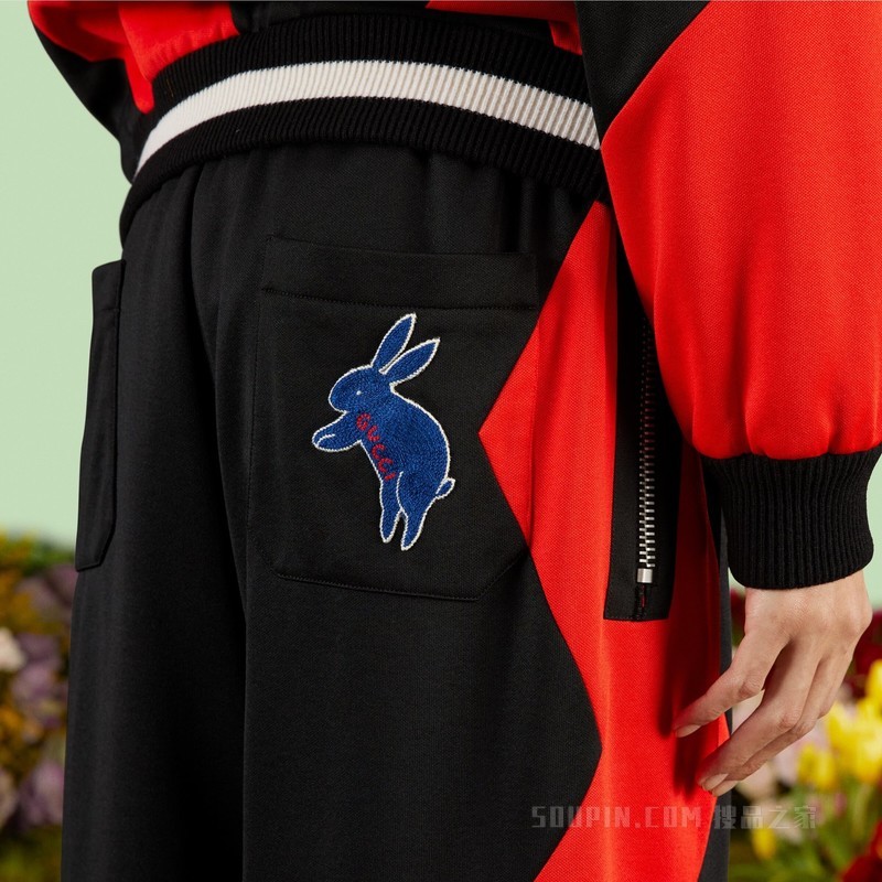 中国新年系列Z字形针织慢跑裤 黑色和红色