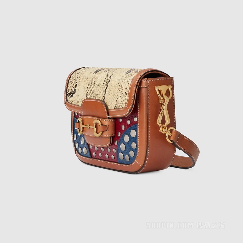 中国专享Gucci Horsebit 1955系列迷你蟒蛇皮手袋 樱桃红色和蓝色皮革