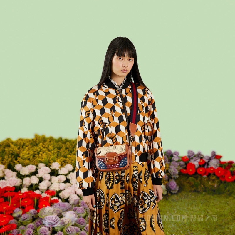 中国专享Gucci Horsebit 1955系列迷你蟒蛇皮手袋 樱桃红色和蓝色皮革