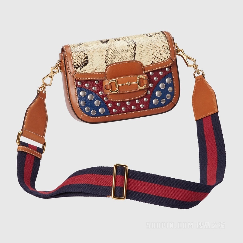 中国专享Gucci Horsebit 1955系列迷你蟒蛇皮手袋 樱桃红色和蓝色皮革