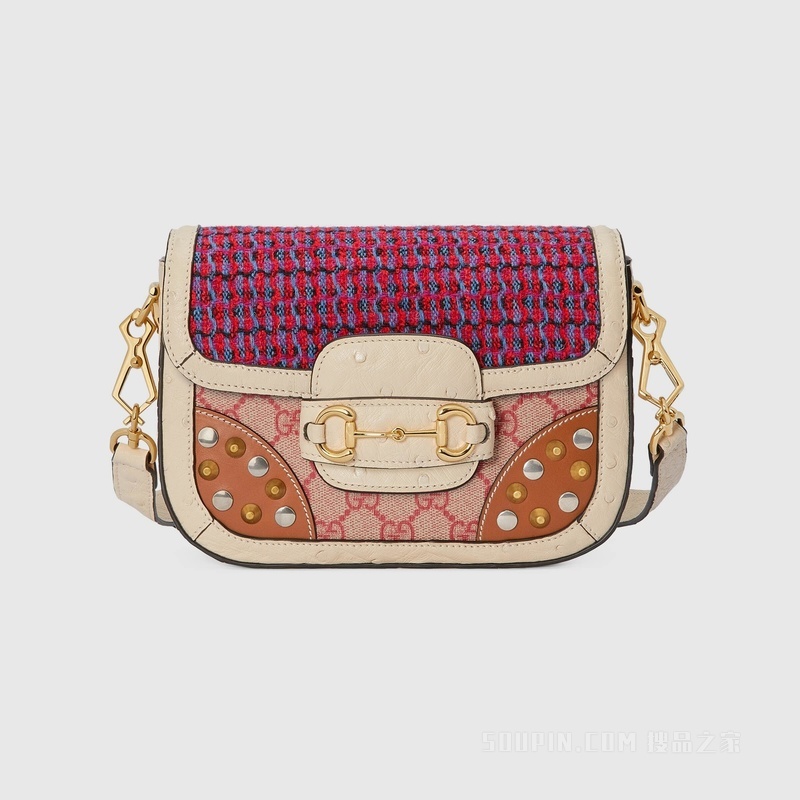中国新年系列Gucci Horsebit 1955鸵鸟皮迷你手袋 红色和多色花呢