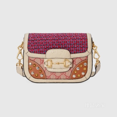 中国新年系列Gucci Horsebit 1955鸵鸟皮迷你手袋 红色和多色花呢