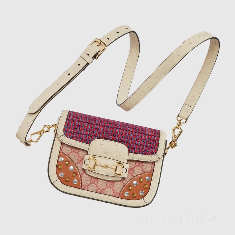 中国新年系列Gucci Horsebit 1955鸵鸟皮迷你手袋 红色和多色花呢