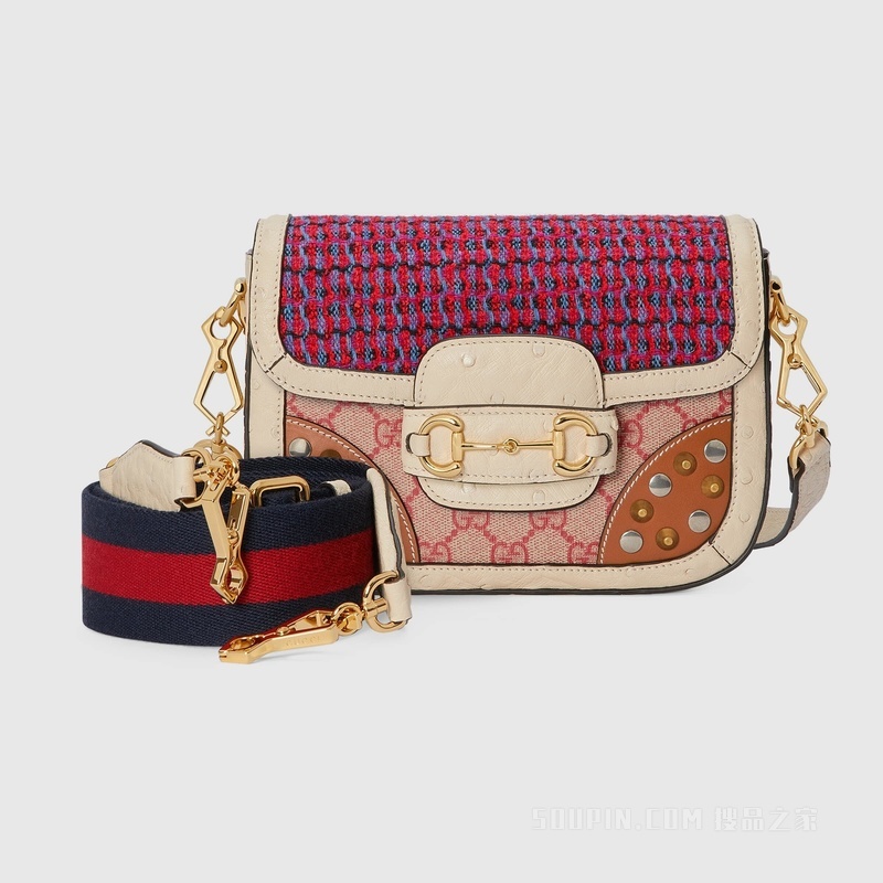 中国新年系列Gucci Horsebit 1955鸵鸟皮迷你手袋 红色和多色花呢