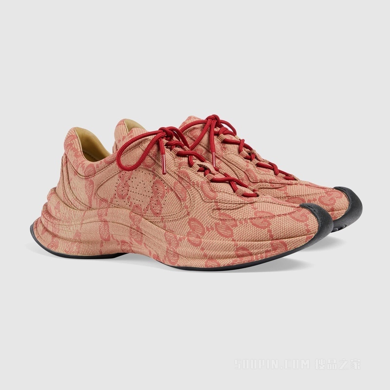 中国新年系列Gucci Run女士运动鞋 米色和芙蓉红皮革