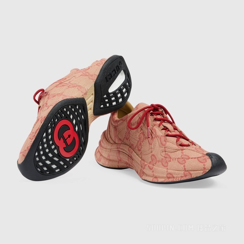 中国新年系列Gucci Run女士运动鞋 米色和芙蓉红皮革