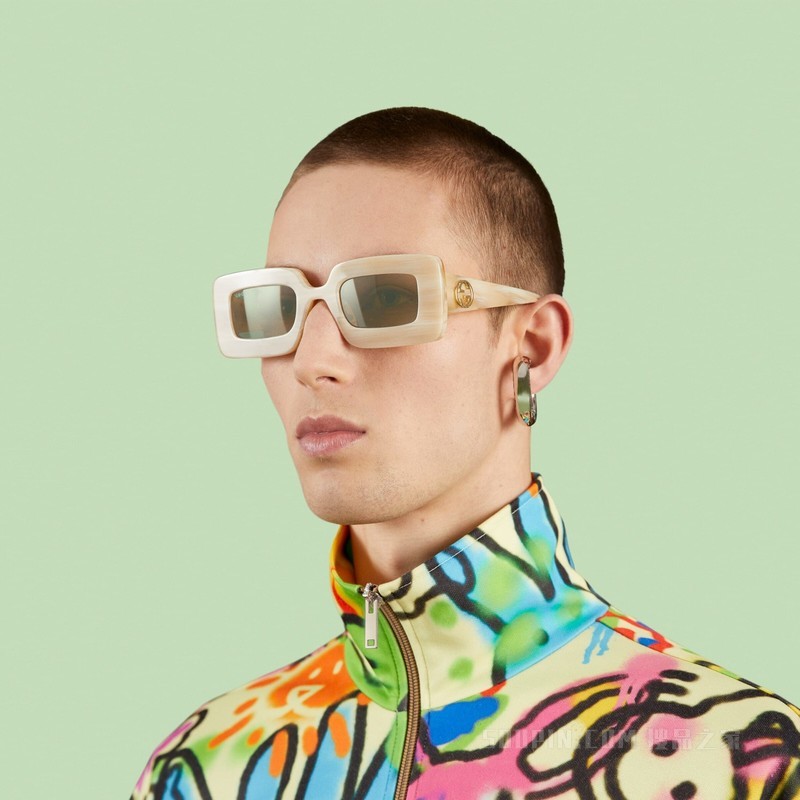 中国新年系列长方形镜框太阳眼镜 米色醋纤