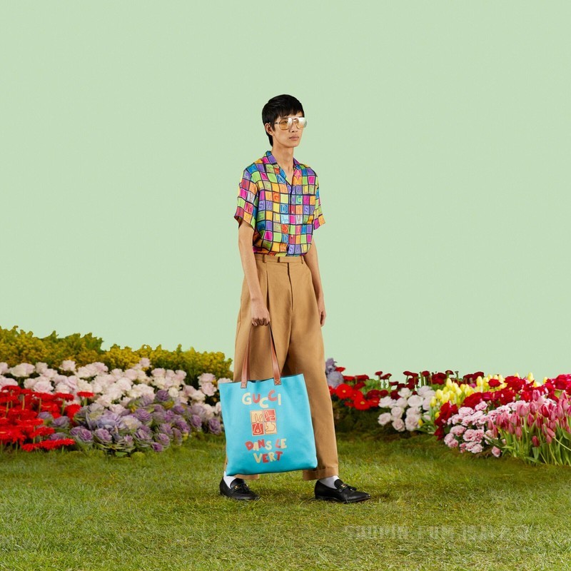 “Gucci Dans Le Vert”印花大号托特包 蓝色皮革