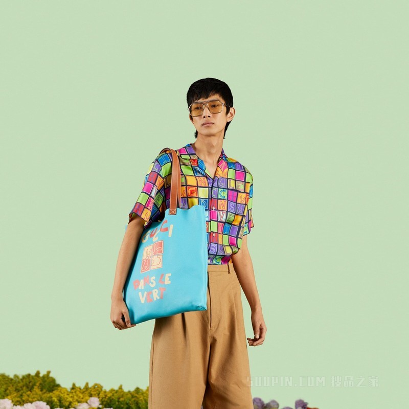“Gucci Dans Le Vert”印花大号托特包 蓝色皮革