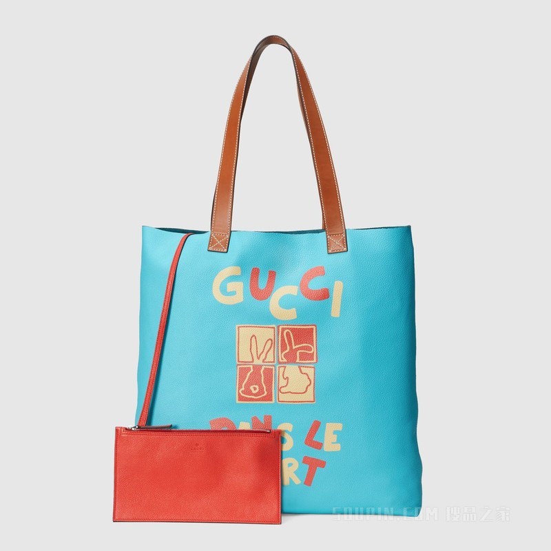 “Gucci Dans Le Vert”印花大号托特包 蓝色皮革