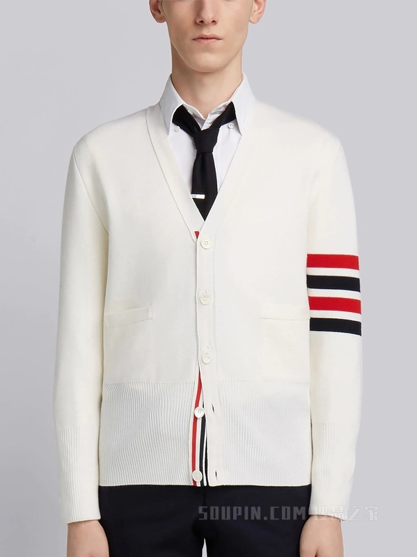 四条纹羊毛 V 领开衫