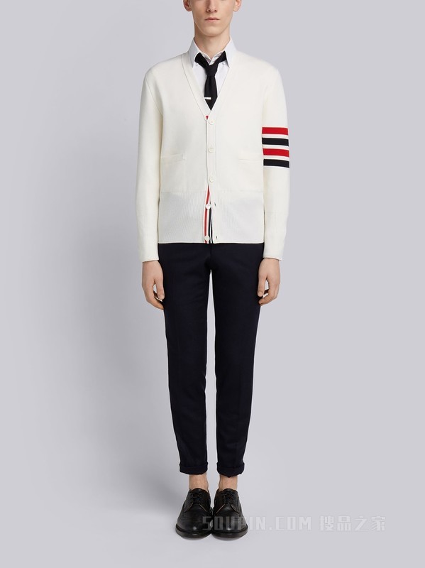 四条纹羊毛 V 领开衫