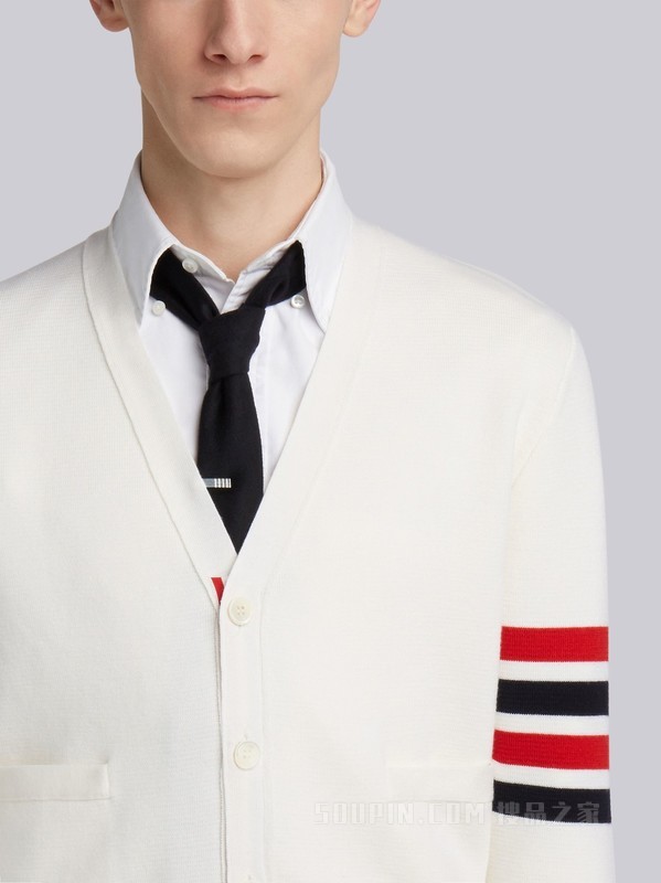 四条纹羊毛 V 领开衫