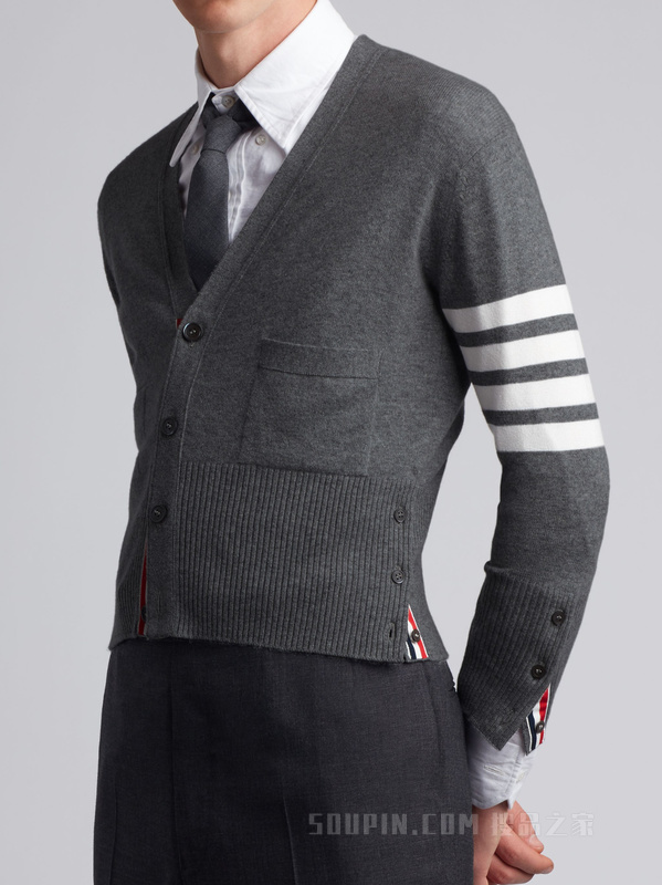 四条纹羊绒短款开衫