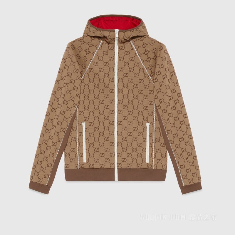 GG针织提花拉链夹克 米色和乌木色